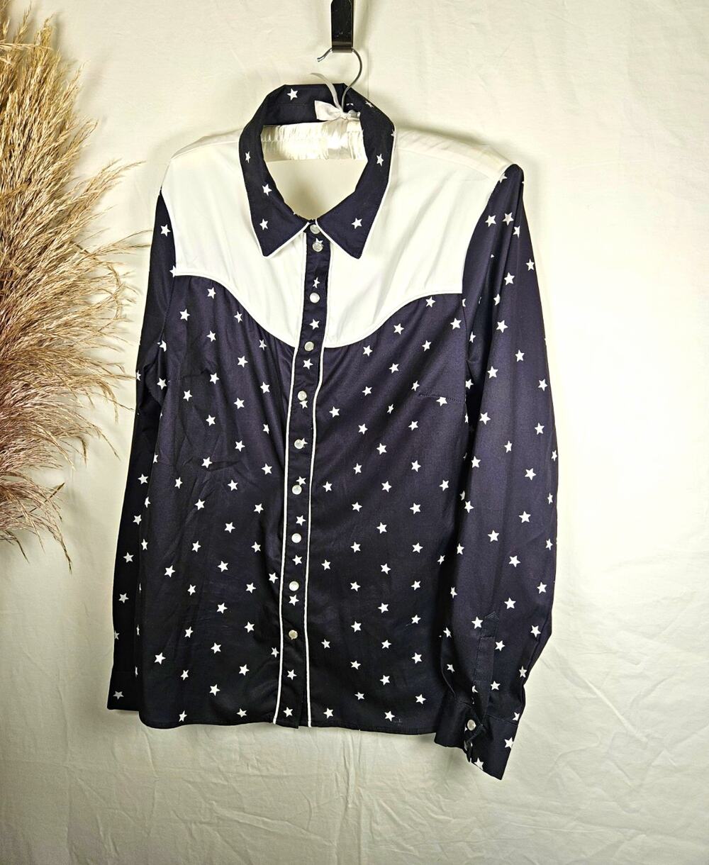 Unique Vintage Western Shirt Womens Large Black White Star Print Retro Cowgirl